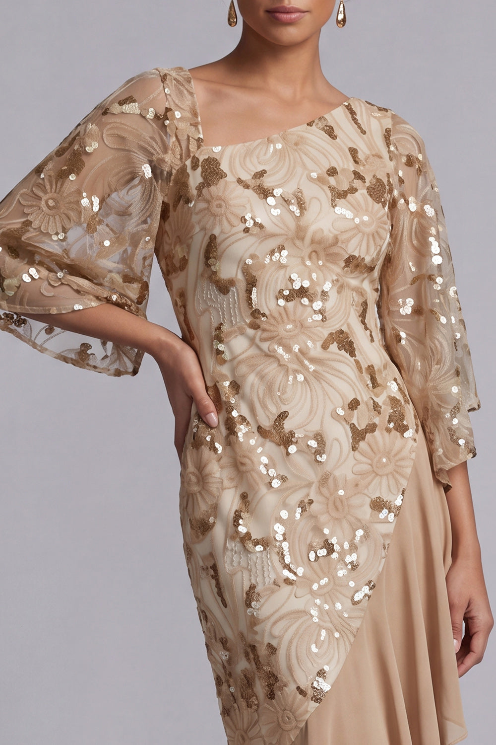 Floral Champagne Sparkly Sequin Mermaid Asymmetrical Mother of the Bride Dress