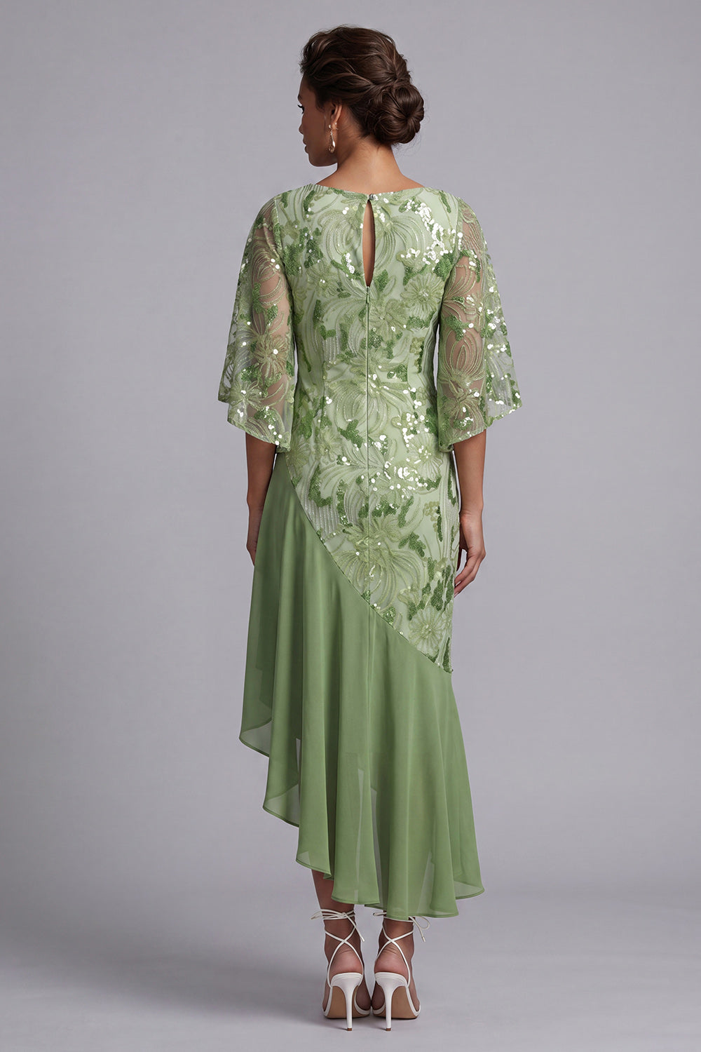 Floral Champagne Sparkly Sequin Mermaid Asymmetrical Mother of the Bride Dress