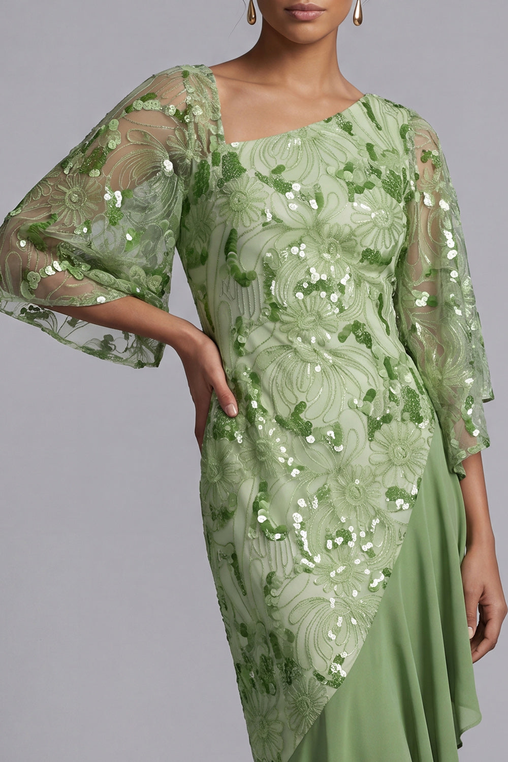 Floral Champagne Sparkly Sequin Mermaid Asymmetrical Mother of the Bride Dress