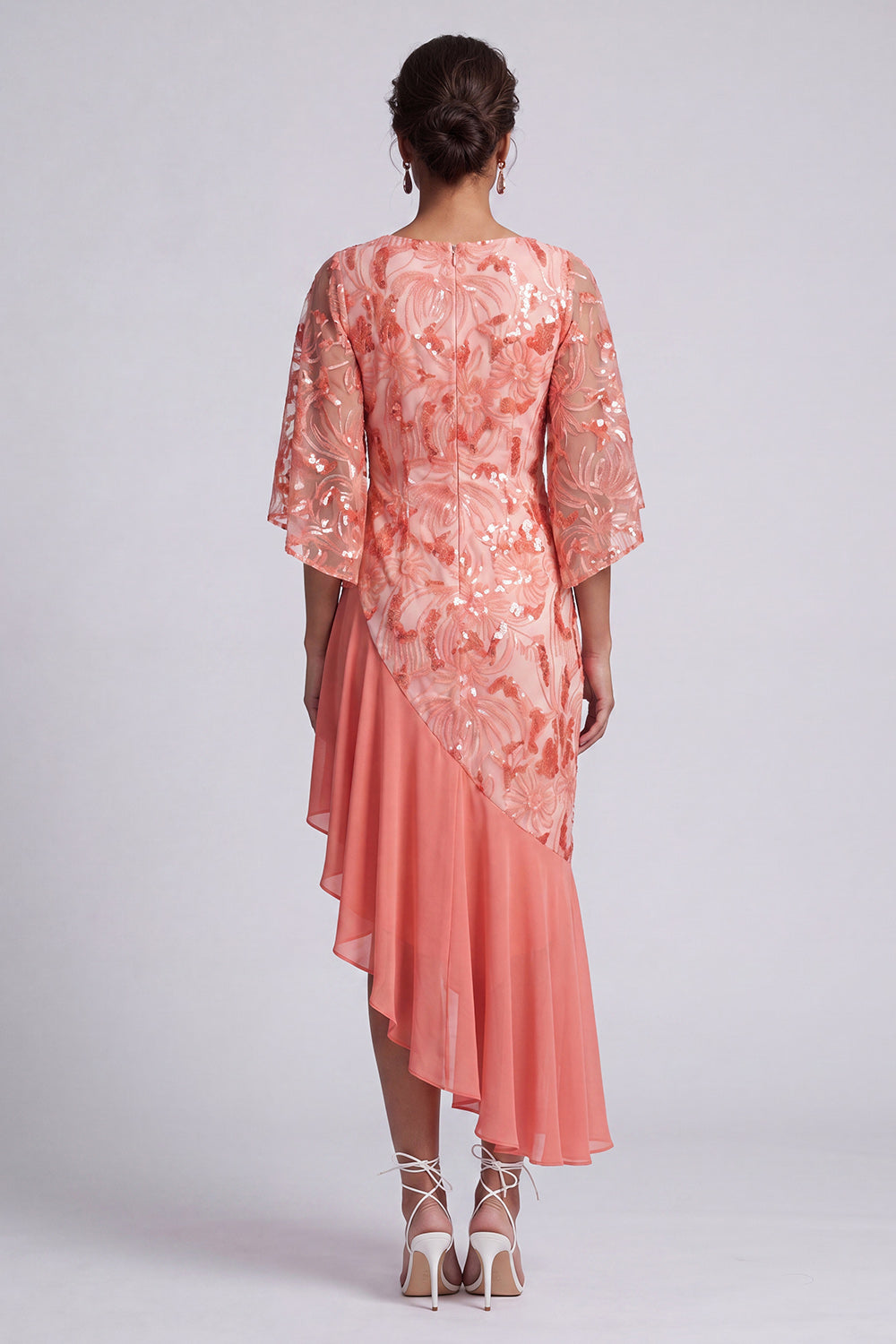 Floral Champagne Sparkly Sequin Mermaid Asymmetrical Mother of the Bride Dress