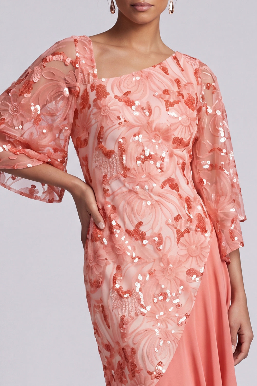 Floral Champagne Sparkly Sequin Mermaid Asymmetrical Mother of the Bride Dress