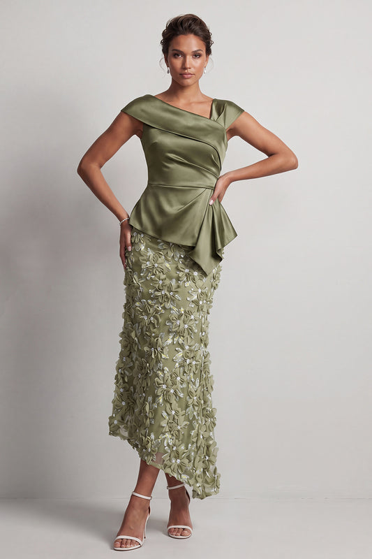 Floral Dusty Sage Ruched Beaded Mermaid Long Mother of the Bride Dress
