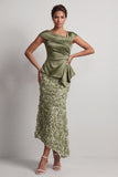 Floral Dusty Sage Ruched Beaded Mermaid Long Mother of the Bride Dress