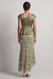 Floral Dusty Sage Ruched Beaded Mermaid Long Mother of the Bride Dress