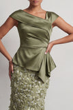 Floral Dusty Sage Ruched Beaded Mermaid Long Mother of the Bride Dress