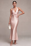 Dark Pink Satin Halter Mermaid Maxi Wedding Guest Dress with Bow