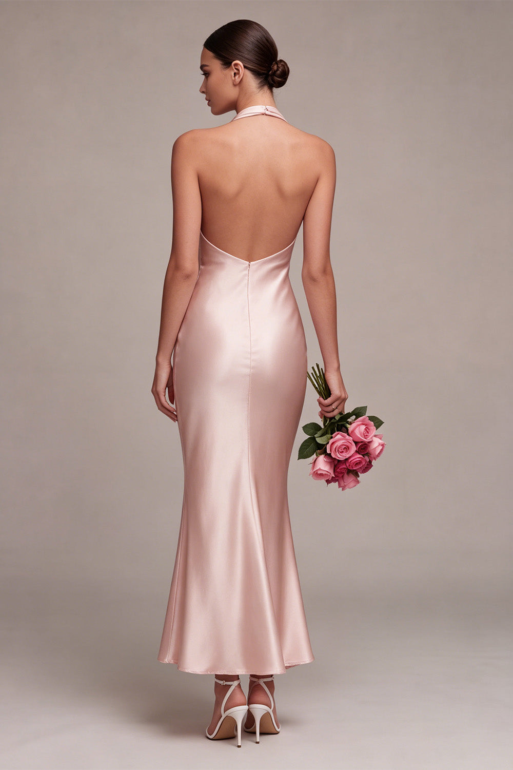 Dark Pink Satin Halter Mermaid Maxi Wedding Guest Dress with Bow