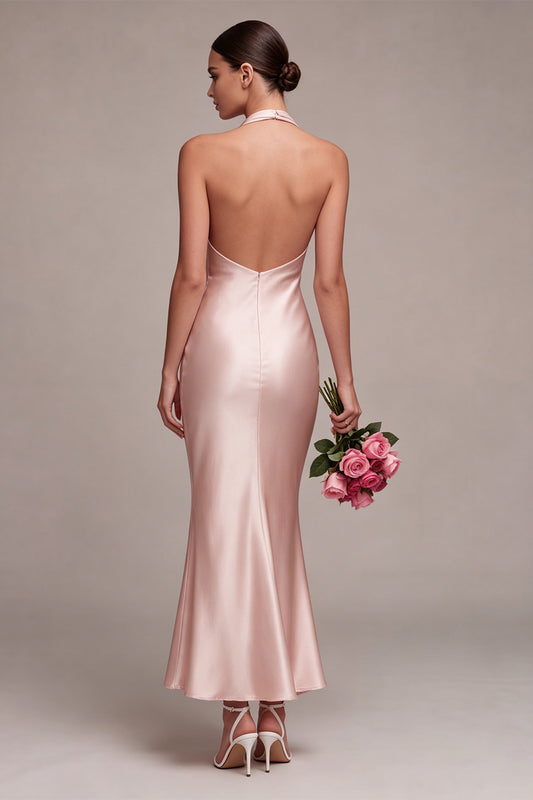 Dark Pink Satin Halter Mermaid Maxi Wedding Guest Dress with Bow