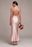 Dark Pink Satin Halter Mermaid Maxi Wedding Guest Dress with Bow