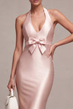 Dark Pink Satin Halter Mermaid Maxi Wedding Guest Dress with Bow