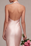 Dark Pink Satin Halter Mermaid Maxi Wedding Guest Dress with Bow