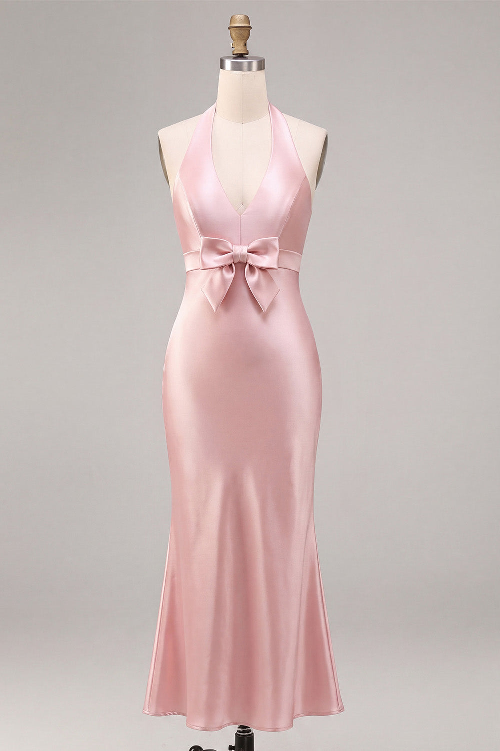 Dark Pink Satin Halter Mermaid Maxi Wedding Guest Dress with Bow