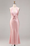 Dark Pink Satin Halter Mermaid Maxi Wedding Guest Dress with Bow