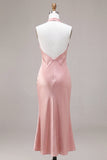 Dark Pink Satin Halter Mermaid Maxi Wedding Guest Dress with Bow