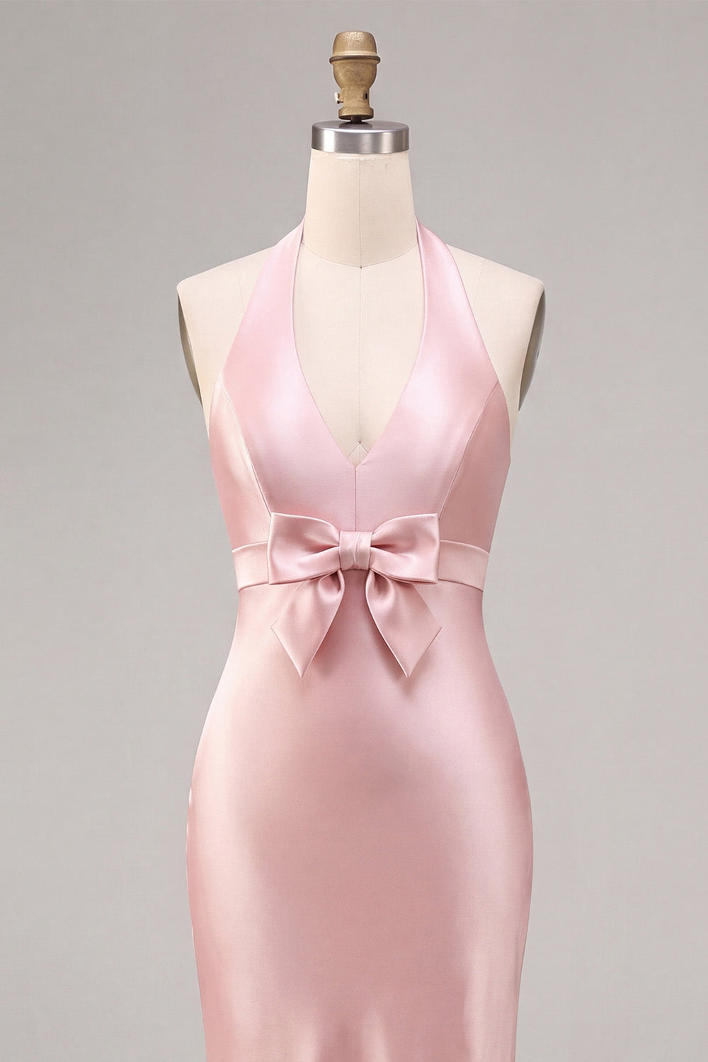 Dark Pink Satin Halter Mermaid Maxi Wedding Guest Dress with Bow
