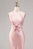 Dark Pink Satin Halter Mermaid Maxi Wedding Guest Dress with Bow