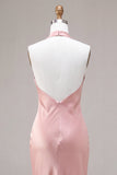 Dark Pink Satin Halter Mermaid Maxi Wedding Guest Dress with Bow