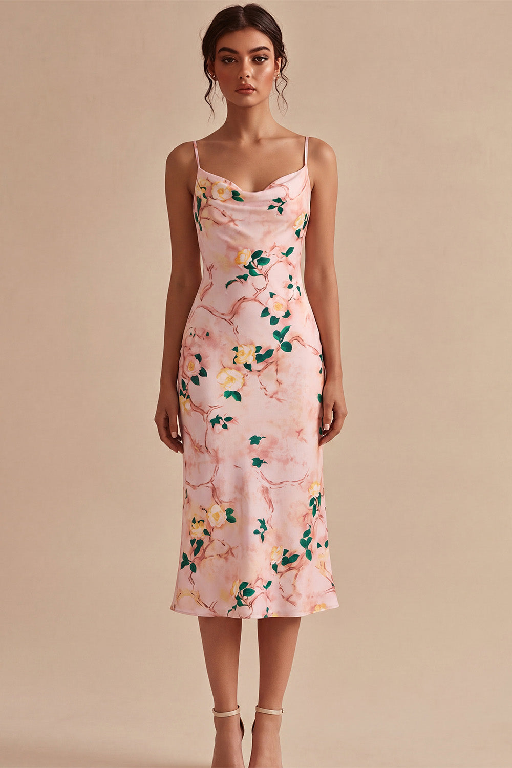 Floral Pink Cowl Neck Pencil Midi Wedding Guest Dress