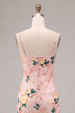 Floral Pink Cowl Neck Pencil Midi Wedding Guest Dress