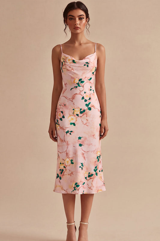 Floral Pink Cowl Neck Pencil Midi Wedding Guest Dress