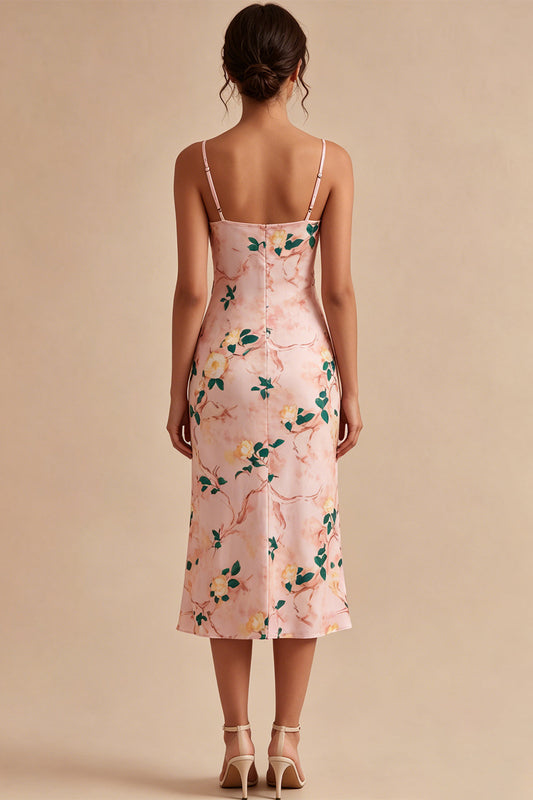 Floral Pink Cowl Neck Pencil Midi Wedding Guest Dress