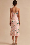 Floral Pink Cowl Neck Pencil Midi Wedding Guest Dress