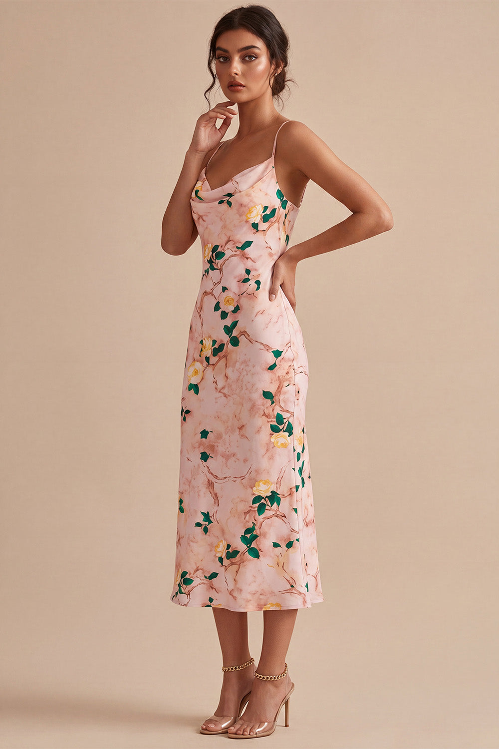 Floral Pink Cowl Neck Pencil Midi Wedding Guest Dress