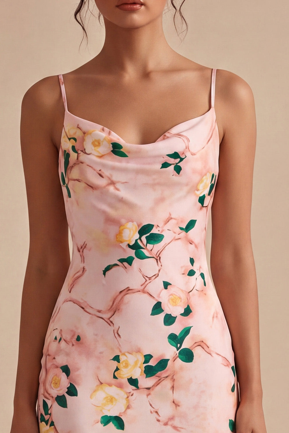 Floral Pink Cowl Neck Pencil Midi Wedding Guest Dress