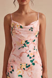 Floral Pink Cowl Neck Pencil Midi Wedding Guest Dress