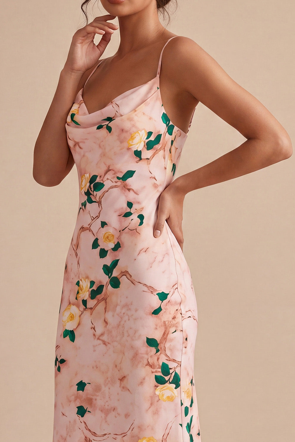 Floral Pink Cowl Neck Pencil Midi Wedding Guest Dress