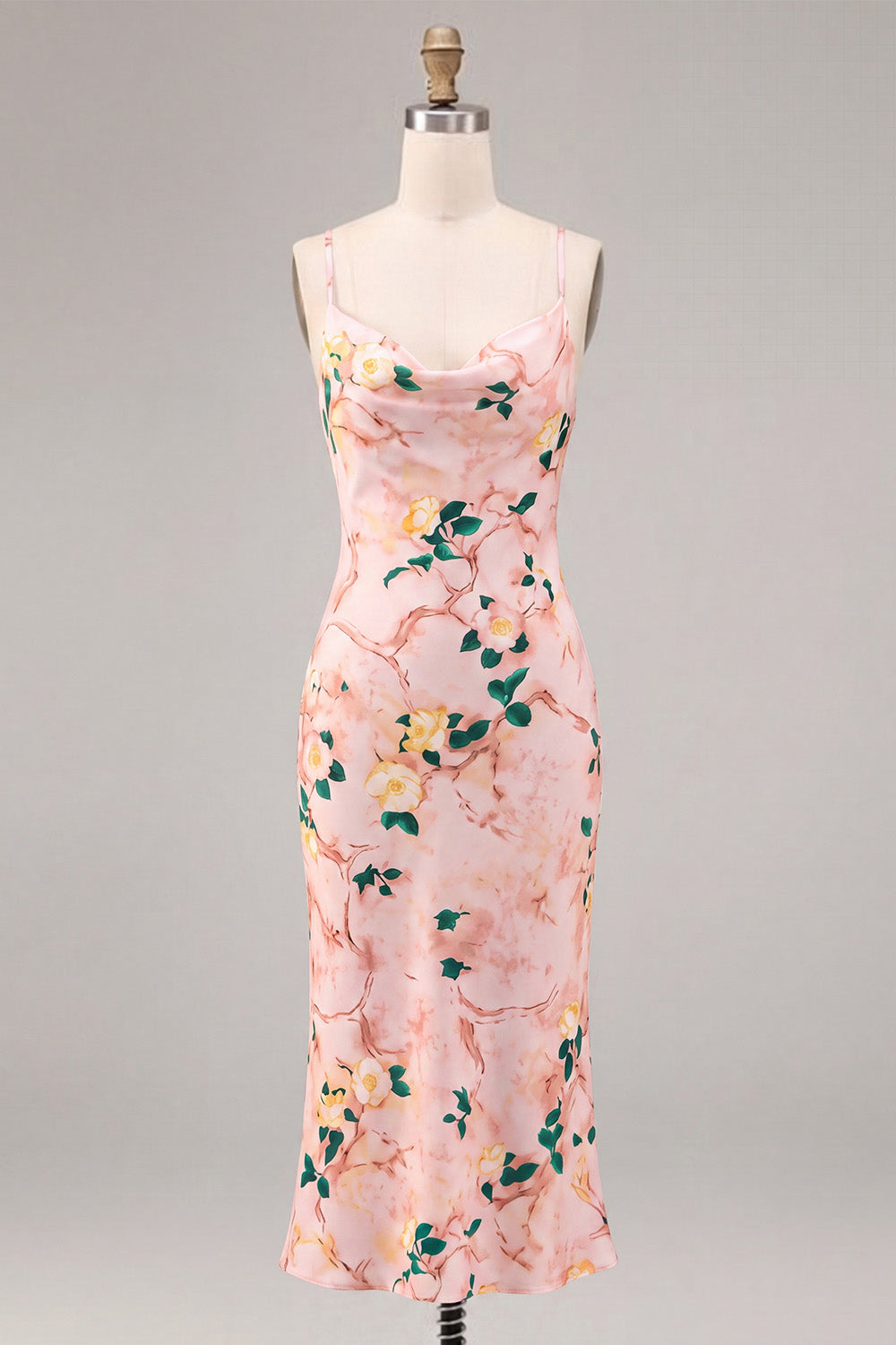 Floral Pink Cowl Neck Pencil Midi Wedding Guest Dress