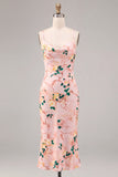 Floral Pink Cowl Neck Pencil Midi Wedding Guest Dress
