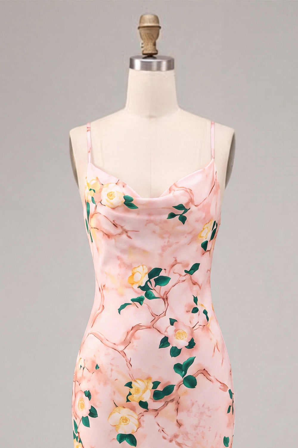 Floral Pink Cowl Neck Pencil Midi Wedding Guest Dress