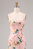 Floral Pink Cowl Neck Pencil Midi Wedding Guest Dress