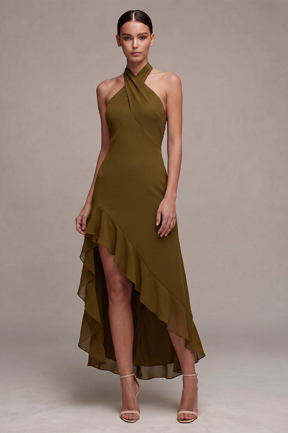 Olive Chiffon Ruffled Halter High-Low Wedding Guest Dress