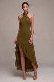 Olive Chiffon Ruffled Halter High-Low Wedding Guest Dress