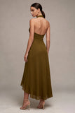 Olive Chiffon Ruffled Halter High-Low Wedding Guest Dress