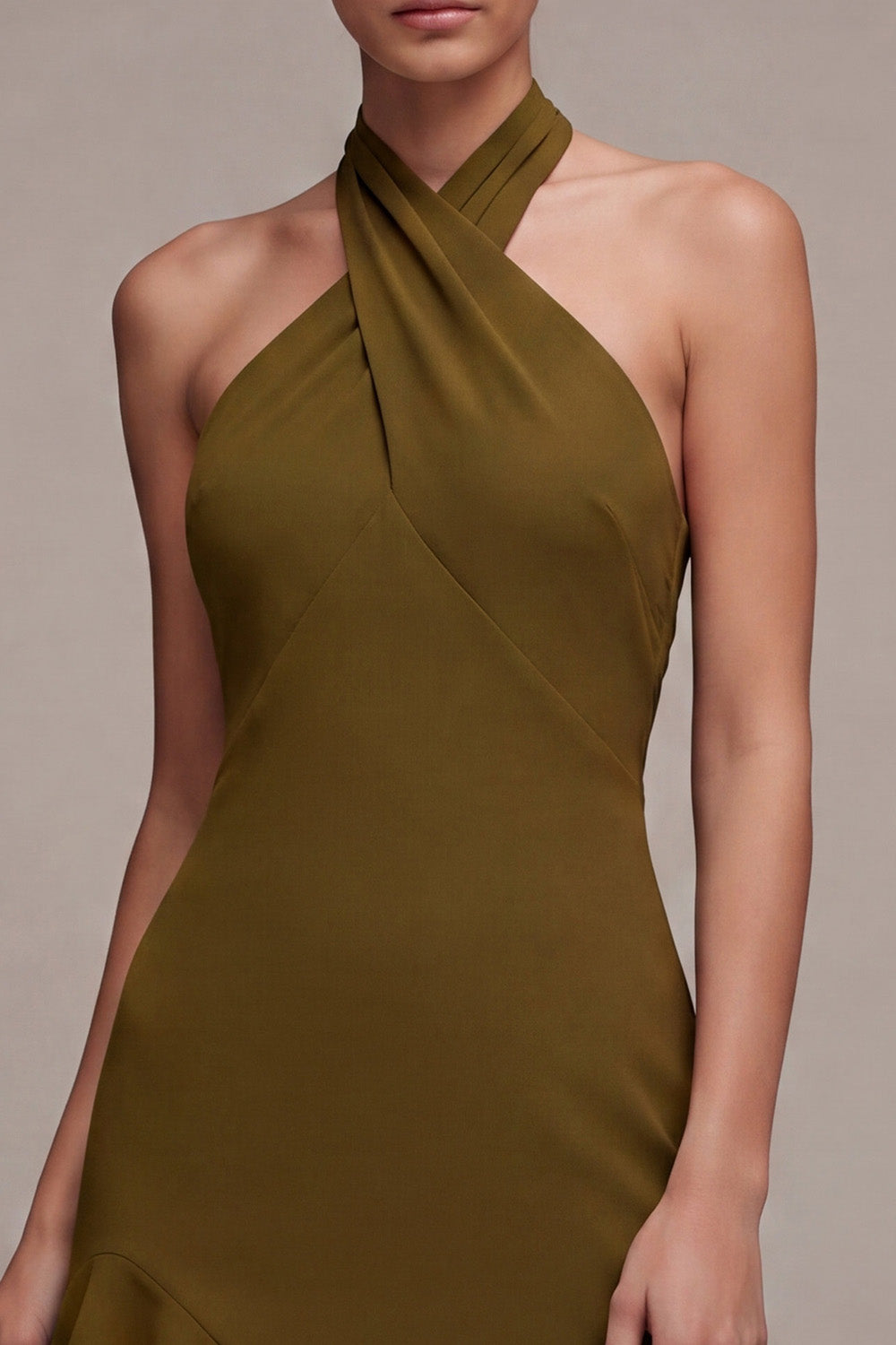 Olive Chiffon Ruffled Halter High-Low Wedding Guest Dress
