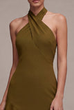 Olive Chiffon Ruffled Halter High-Low Wedding Guest Dress