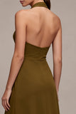 Olive Chiffon Ruffled Halter High-Low Wedding Guest Dress