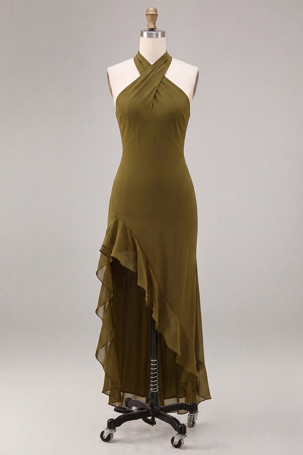Olive Chiffon Ruffled Halter High-Low Wedding Guest Dress