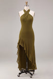 Olive Chiffon Ruffled Halter High-Low Wedding Guest Dress