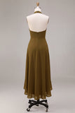 Olive Chiffon Ruffled Halter High-Low Wedding Guest Dress