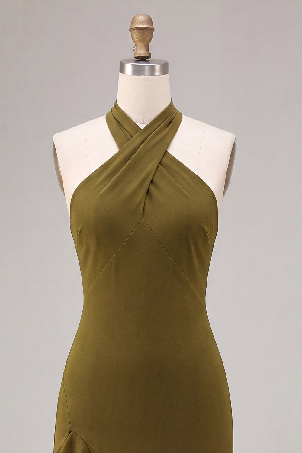 Olive Chiffon Ruffled Halter High-Low Wedding Guest Dress
