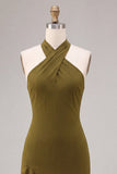 Olive Chiffon Ruffled Halter High-Low Wedding Guest Dress