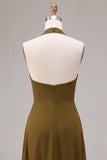 Olive Chiffon Ruffled Halter High-Low Wedding Guest Dress