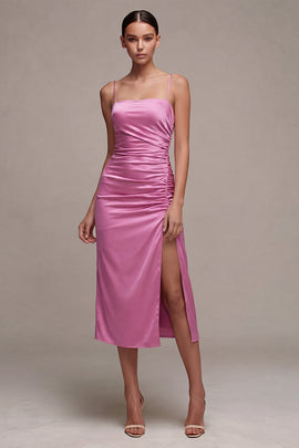 Fuchsia Ruched Satin Pencil Midi Wedding Guest Dress with Slit