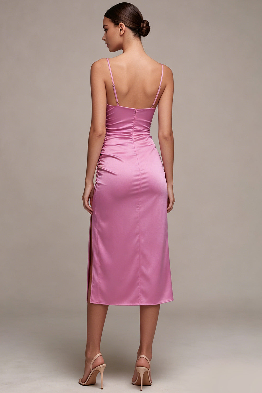 Fuchsia Ruched Satin Pencil Midi Wedding Guest Dress with Slit