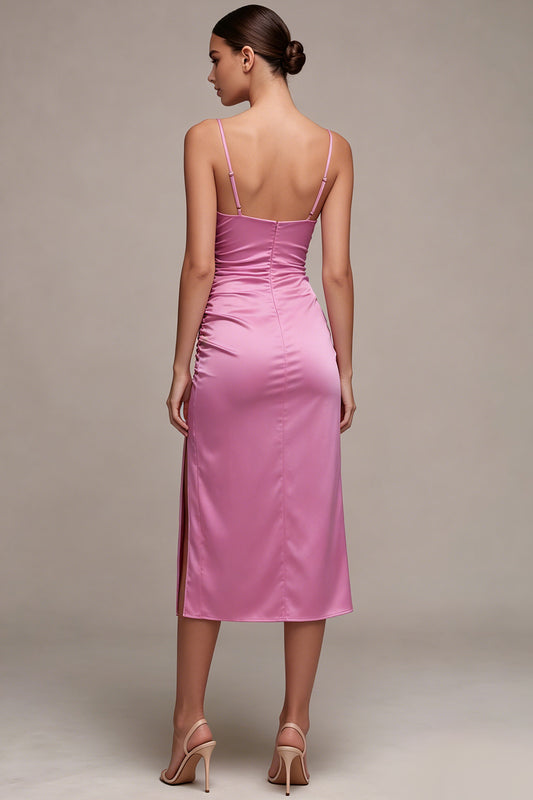 Fuchsia Ruched Satin Pencil Midi Wedding Guest Dress with Slit