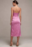 Fuchsia Ruched Satin Pencil Midi Wedding Guest Dress with Slit